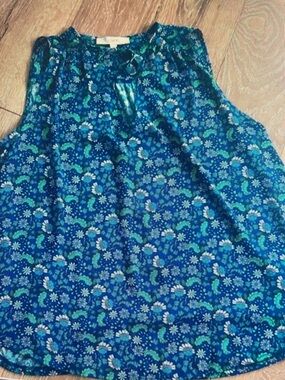 LOFT Blue and Teal Floral Keyhole Sleeveless Top
